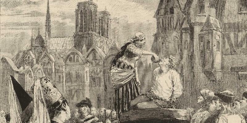 Quasimodo contemplant Esmeralda, la chanteuse de Notre-Dame de Paris, dans une scène d’amour tragique devant la cathédrale